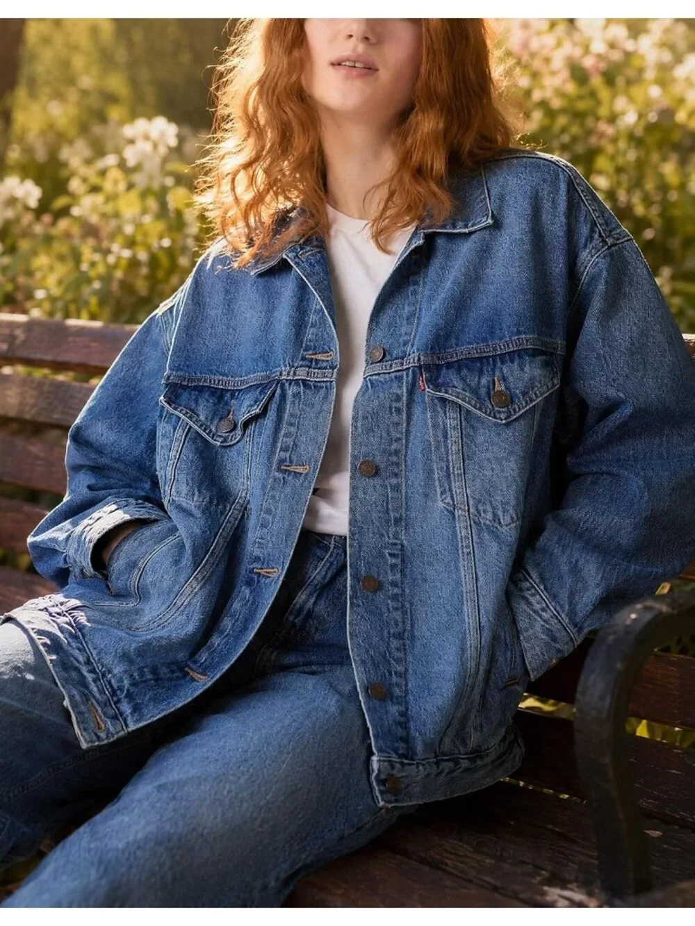 Women's Blue Oversized Casual Trucker Jeans Jacket Long Sleeve Button Down Coat